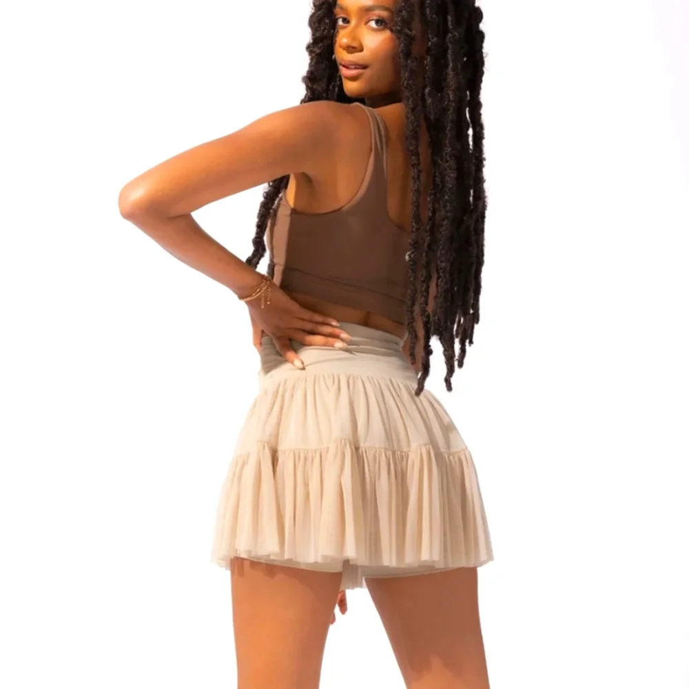 POPFLEX cafe au lait Layered Tulle Mini Skirt with Drawstring Waist and Pocket - Picture 6 of 8